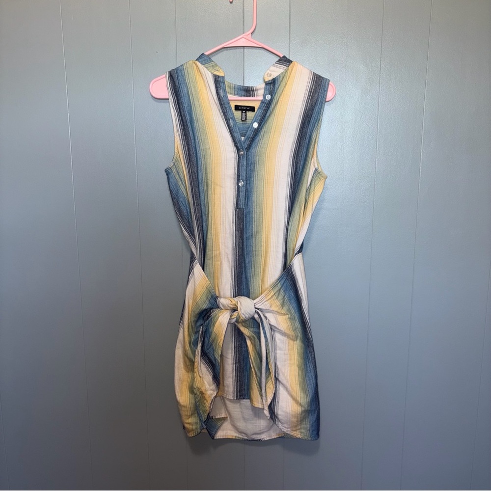 Drew Blue and Yellow Stripe Linen Sleeveless Tie Waist Shirt Dress Small
